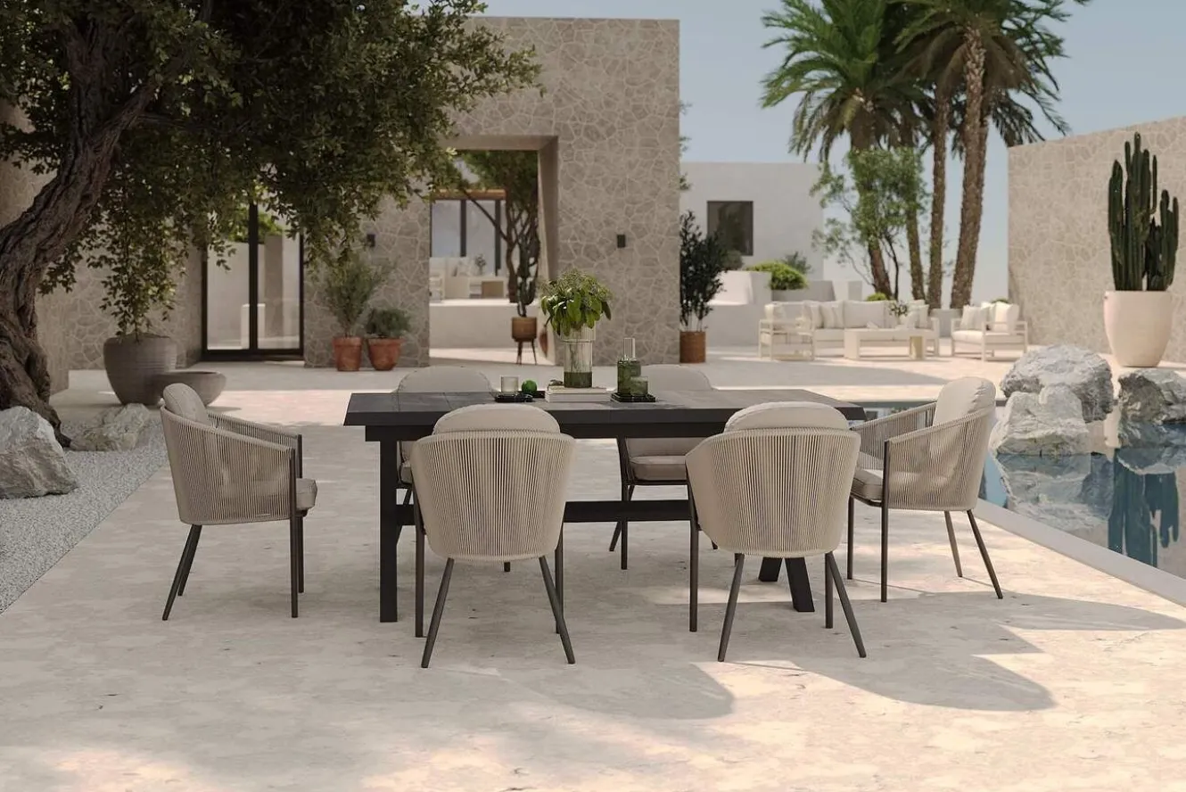 SIENA GARDEN Garten-Essgruppe, anthrazit/beige, Alu/Keramik/Rope-Geflecht, Tisch 200/265 x 100 cm, 6 Diningsessel