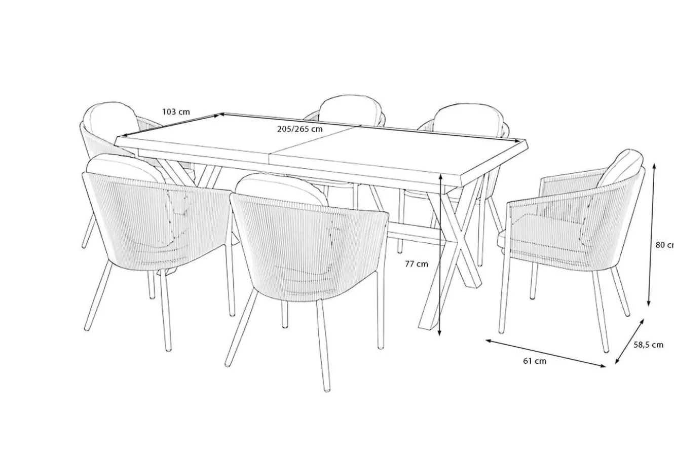 SIENA GARDEN Garten-Essgruppe, anthrazit/beige, Alu/Keramik/Rope-Geflecht, Tisch 200/265 x 100 cm, 6 Diningsessel