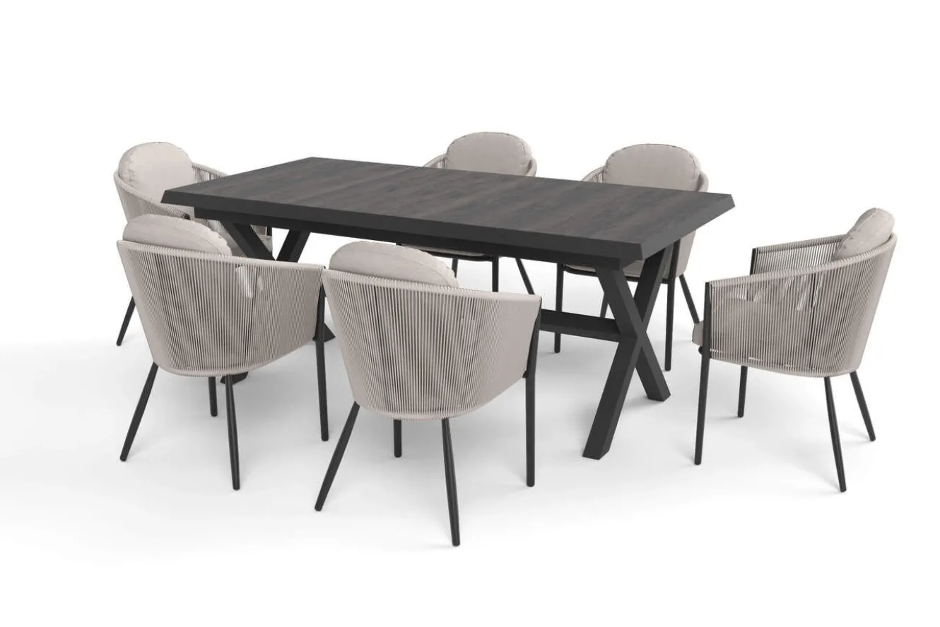SIENA GARDEN Garten-Essgruppe, anthrazit/beige, Alu/Keramik/Rope-Geflecht, Tisch 200/265 x 100 cm, 6 Diningsessel
