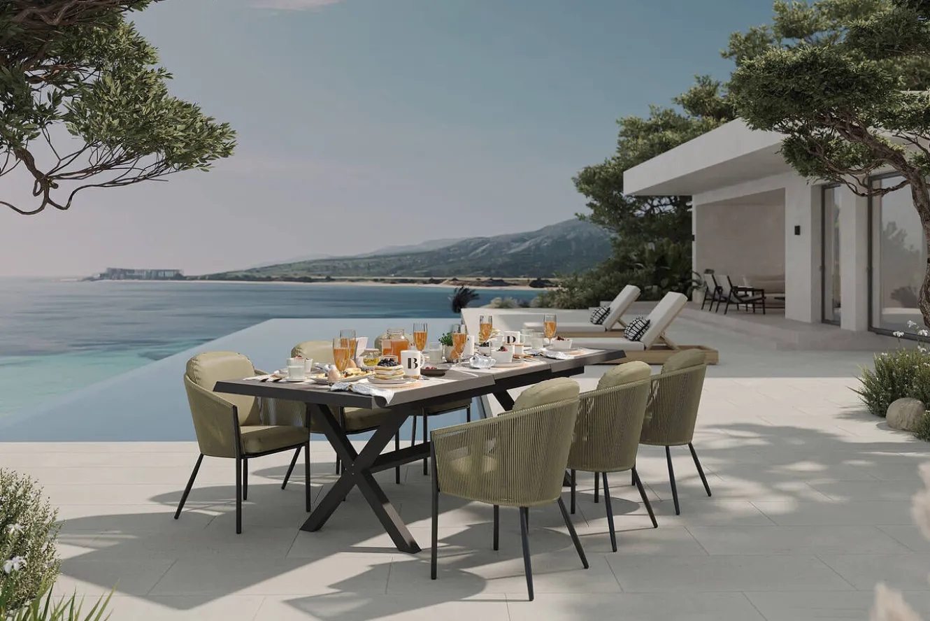 SIENA GARDEN Garten-Essgruppe, anthrazit/grün, Alu/Keramik/Rope-Geflecht, ausziehbarer Tisch 200/260 x 100 cm, 6 Diningsessel