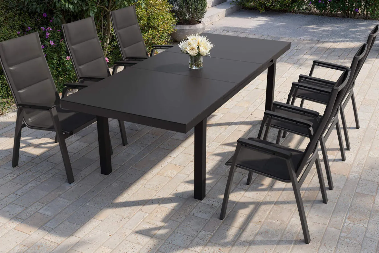 SIENA GARDEN Garten-Essgruppe, anthrazit matt/grau, Alu/Glas/Textilfaser, 180/240 x 100 cm, ausziehbar, stapelbar