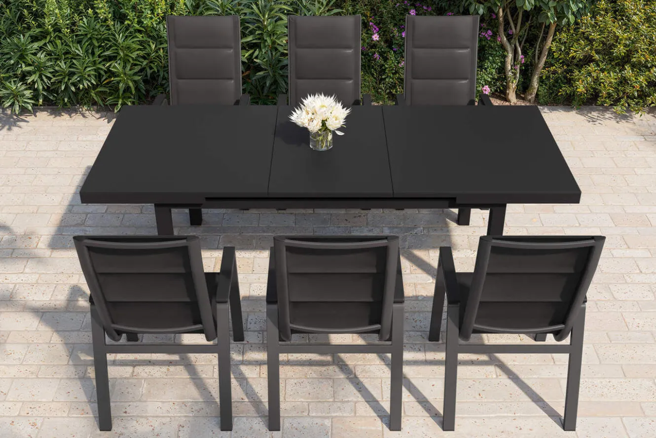SIENA GARDEN Garten-Essgruppe, anthrazit matt/grau, Alu/Glas/Textilfaser, 180/240 x 100 cm, ausziehbar, stapelbar