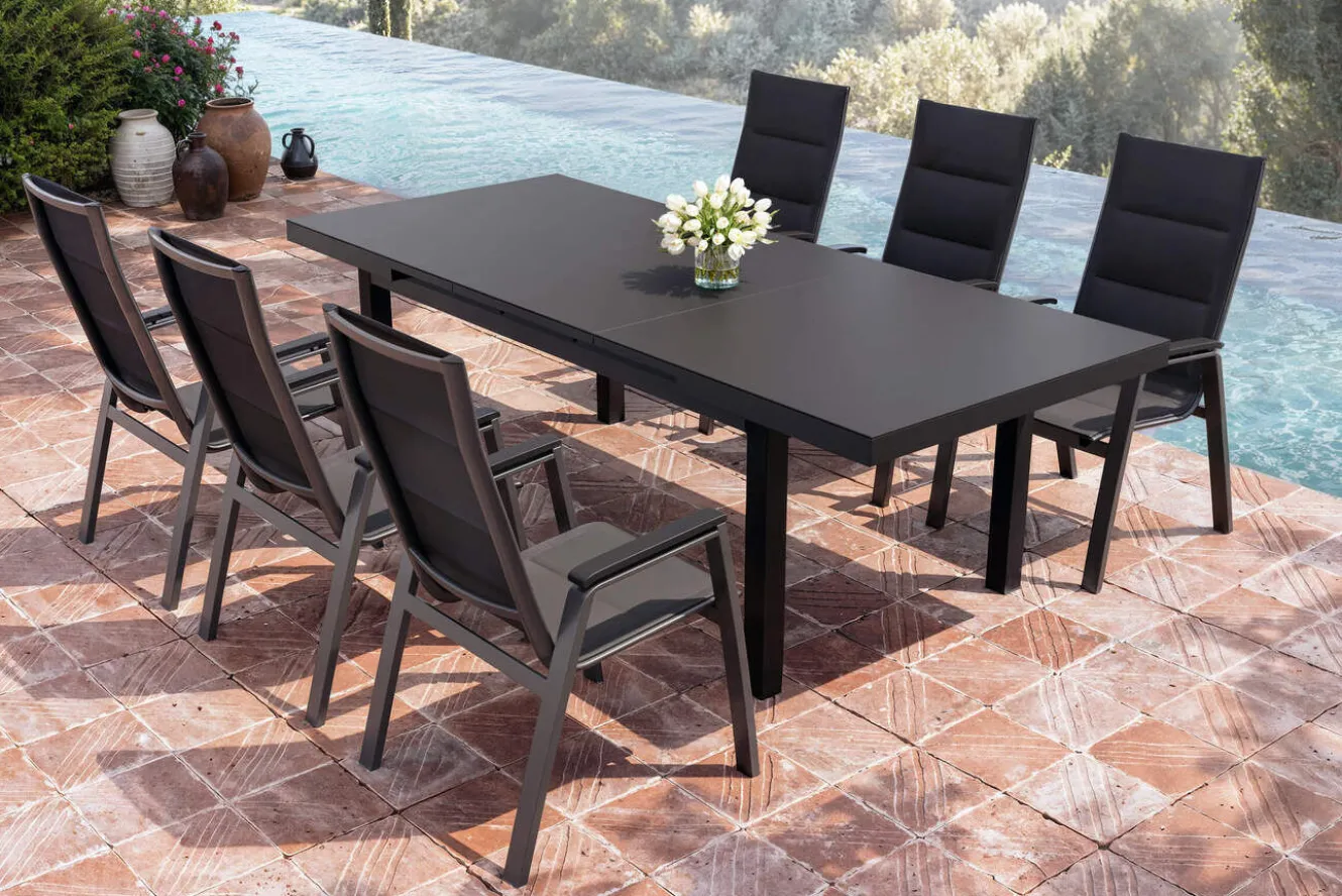 SIENA GARDEN Garten-Essgruppe, anthrazit matt/grau, Alu/Glas/Textilfaser, 180/240 x 100 cm, ausziehbar, stapelbar