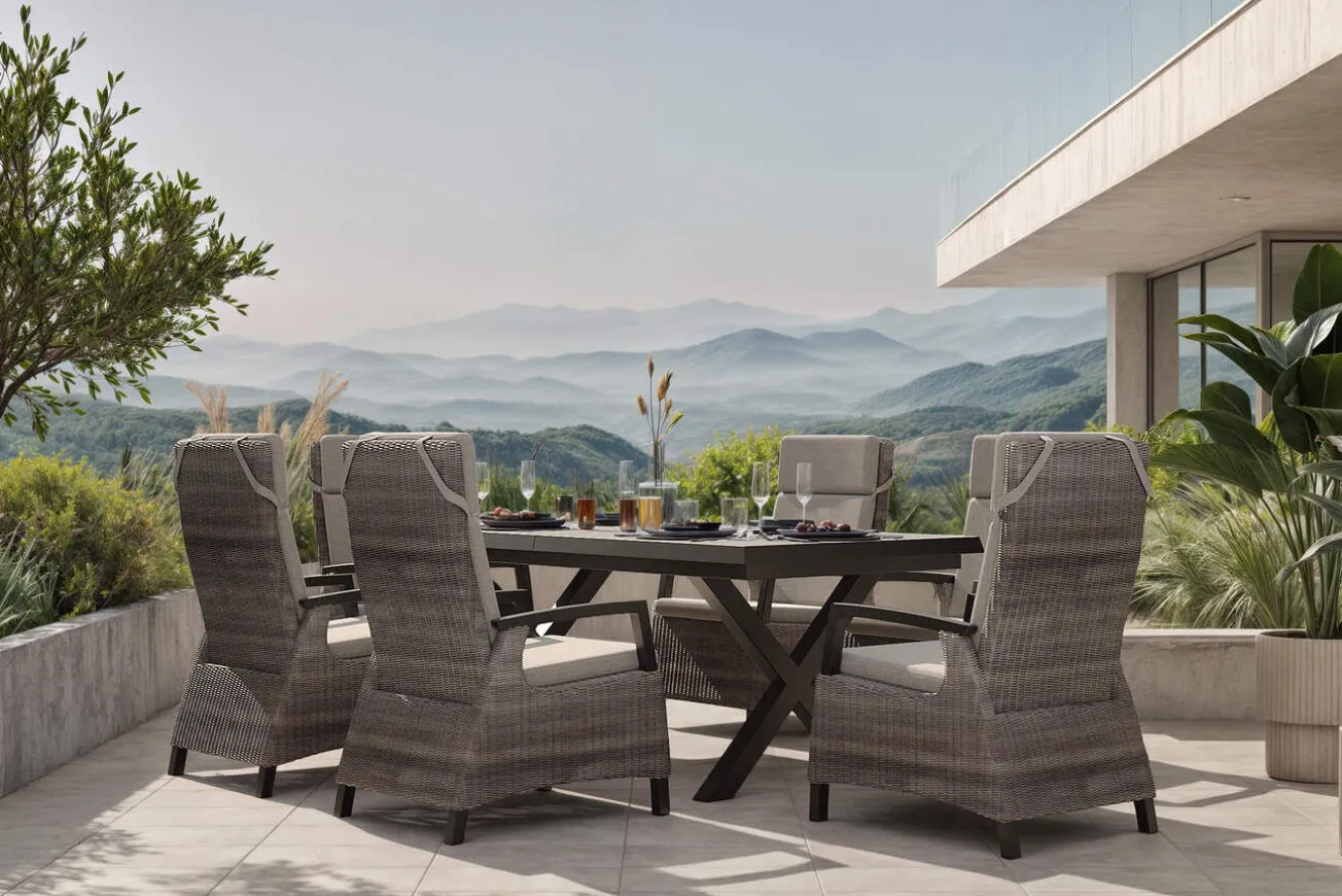 SIENA GARDEN Garten-Essgruppe, schwarz/grau, Alu/Polyrattan, Tischplatte ausziehbar 200/260 x 100 cm, inkl. 6 Diningsessel