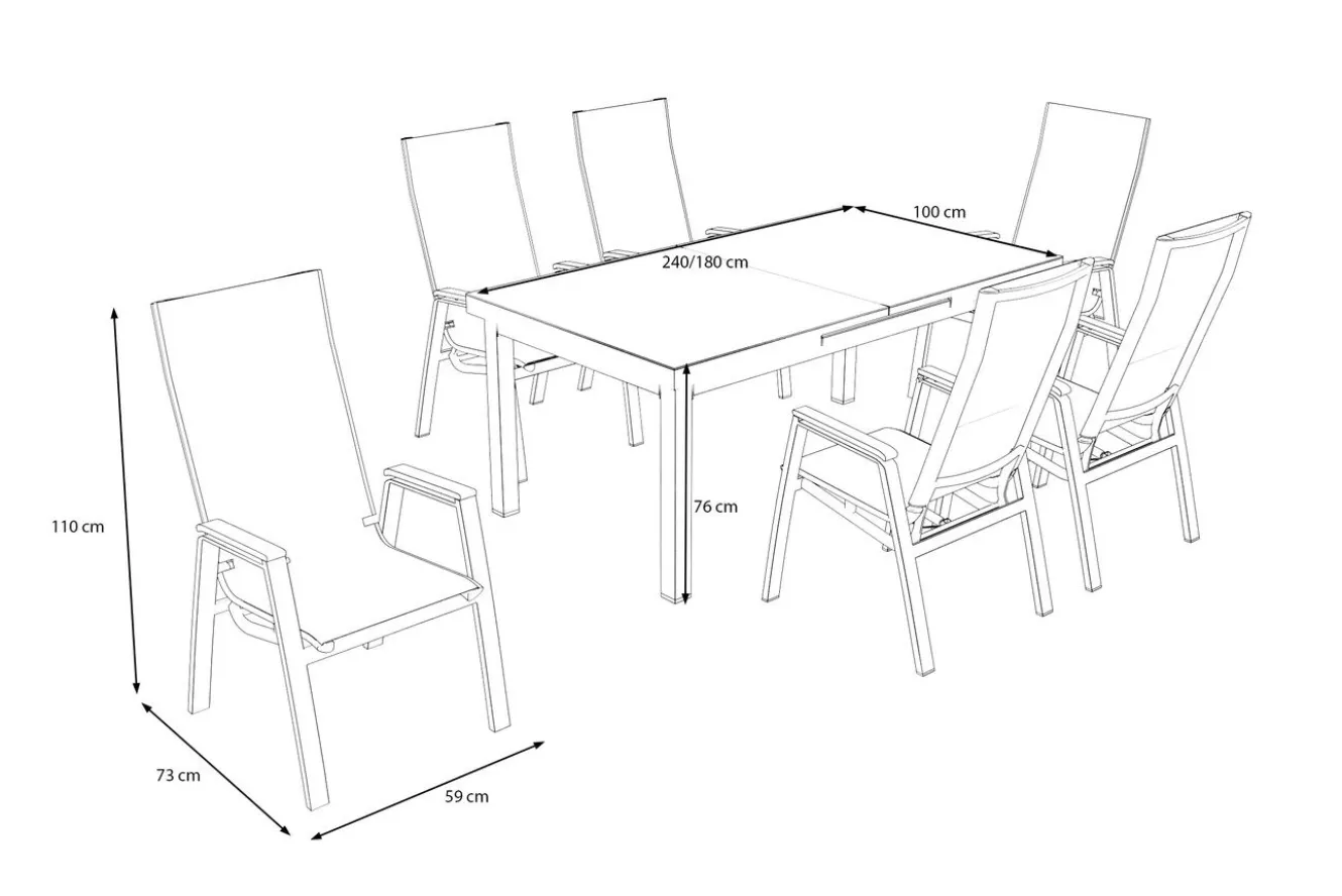 SIENA GARDEN Garten-Essgruppe, anthrazit/grau, Alu/Glas/Textilene, 180/240 x 100 cm, ausziehbar, stapelbar