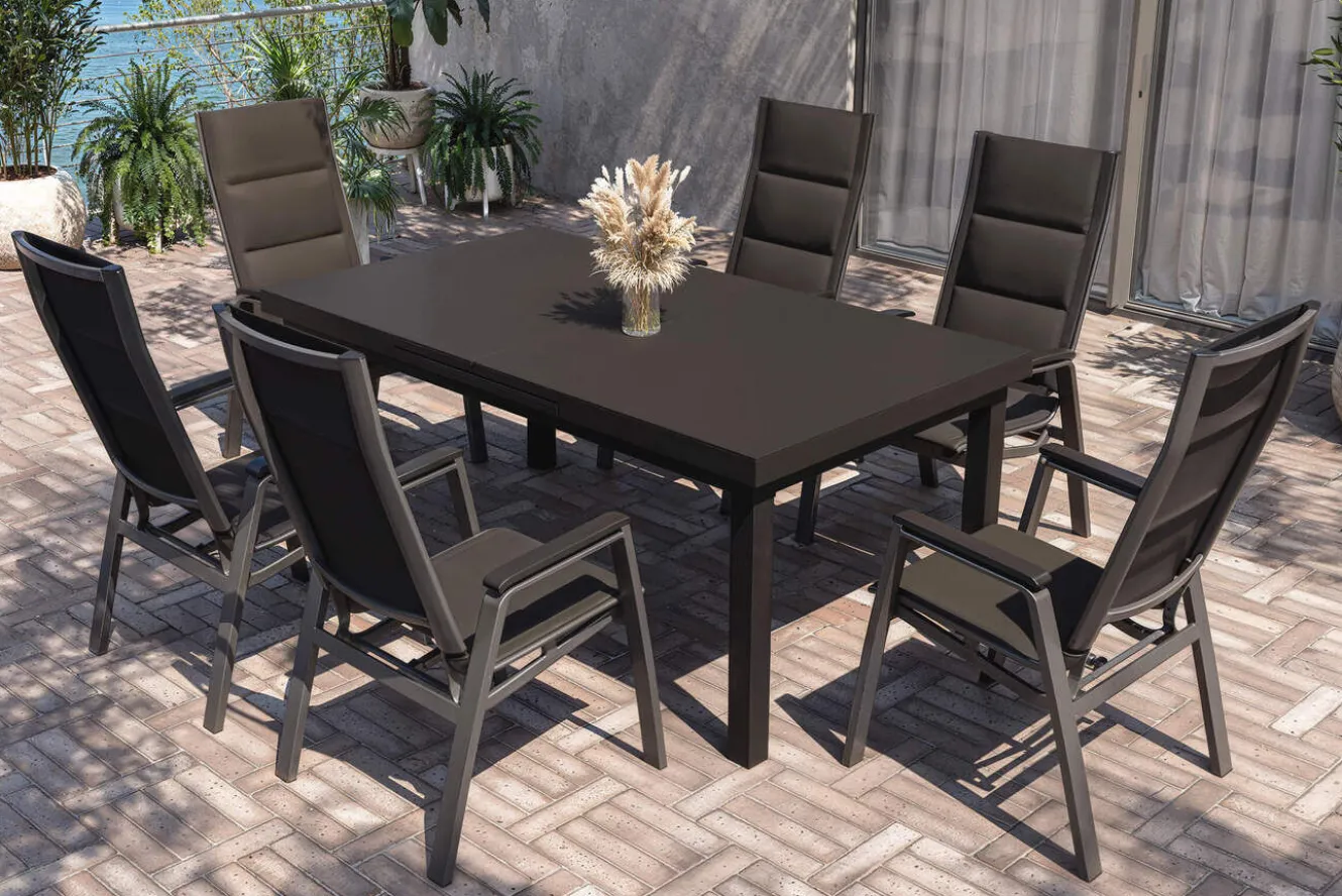 SIENA GARDEN Garten-Essgruppe, anthrazit/grau, Alu/Glas/Textilene, 180/240 x 100 cm, ausziehbar, stapelbar