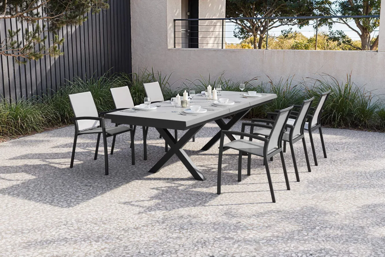 SIENA GARDEN Garten-Essgruppe, schwarz/anthrazit, Aluminium/Polyrattan/Steinimitat, 200/260 x 100 cm, ausziehbar, 6 Diningsessel