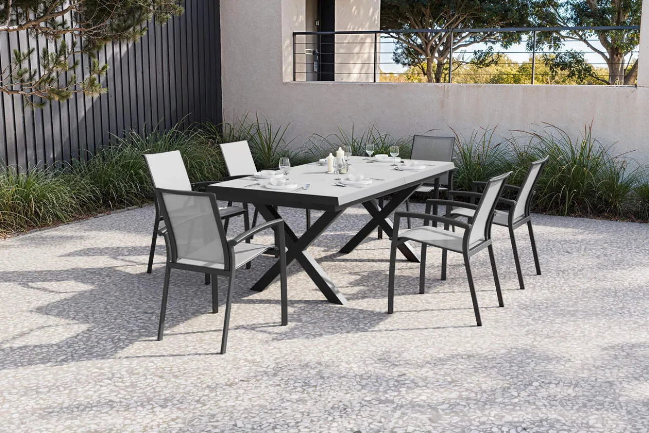SIENA GARDEN Garten-Essgruppe, schwarz/anthrazit, Aluminium/Polyrattan/Steinimitat, 200/260 x 100 cm, ausziehbar, 6 Diningsessel