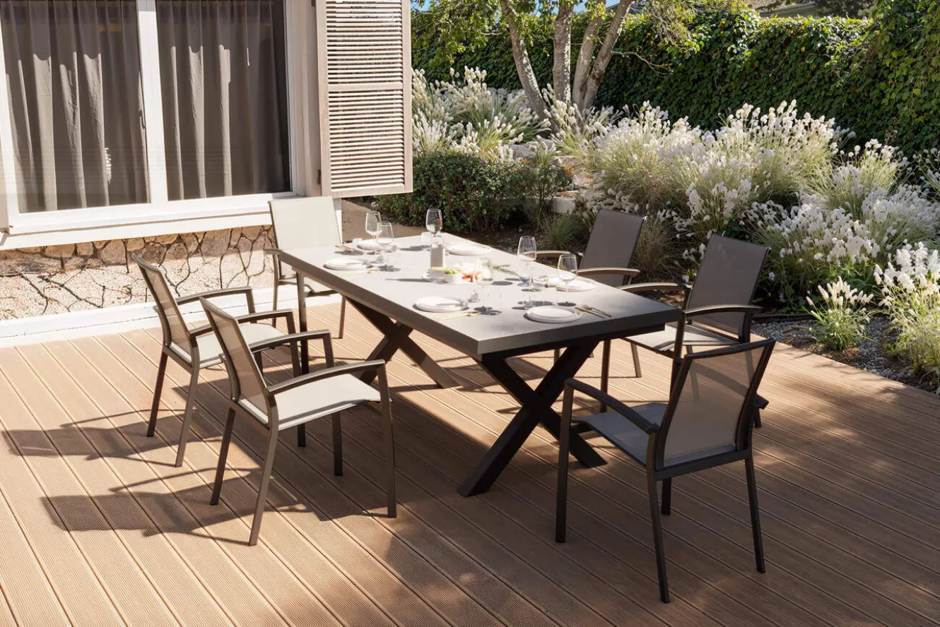 SIENA GARDEN Garten-Essgruppe, schwarz/anthrazit, Aluminium/Polyrattan/Steinimitat, 200/260 x 100 cm, ausziehbar, 6 Diningsessel