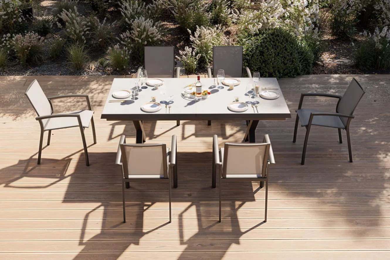 SIENA GARDEN Garten-Essgruppe, schwarz/anthrazit, Aluminium/Polyrattan/Steinimitat, 200/260 x 100 cm, ausziehbar, 6 Diningsessel