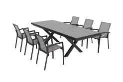 SIENA GARDEN Garten-Essgruppe, schwarz/anthrazit, Aluminium/Polyrattan/Steinimitat, 200/260 x 100 cm, ausziehbar, 6 Diningsessel