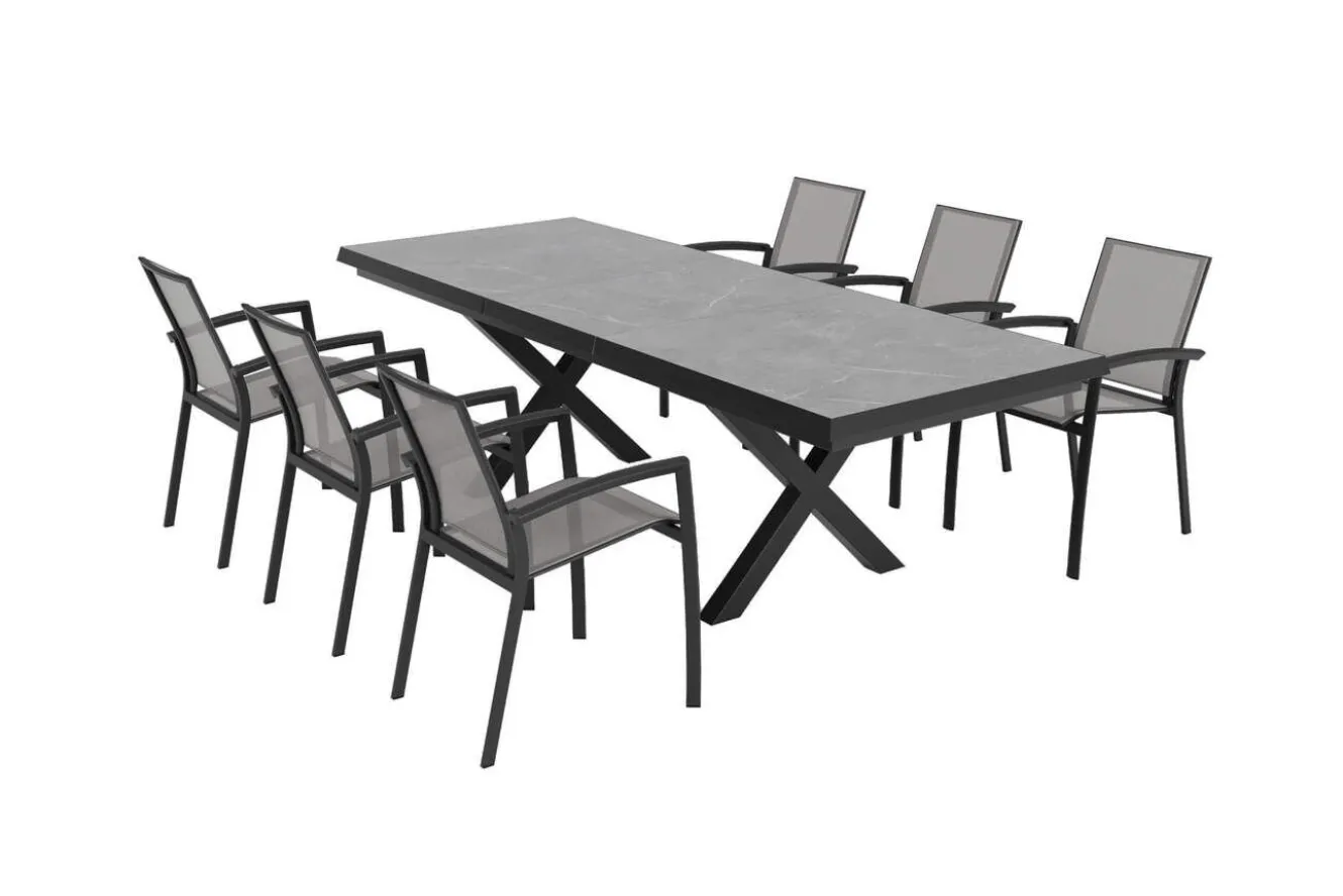 SIENA GARDEN Garten-Essgruppe, schwarz/anthrazit, Aluminium/Polyrattan/Steinimitat, 200/260 x 100 cm, ausziehbar, 6 Diningsessel