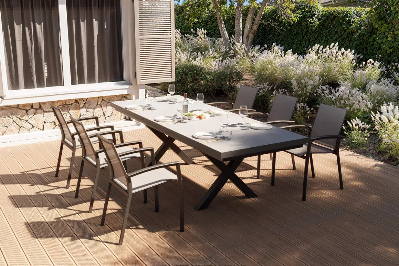 SIENA GARDEN Garten-Essgruppe, schwarz/anthrazit, Aluminium/Polyrattan/Steinimitat, 200/260 x 100 cm, ausziehbar, 6 Diningsessel