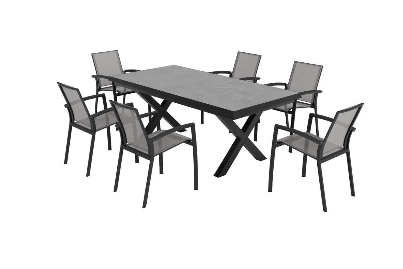 SIENA GARDEN Garten-Essgruppe, schwarz/anthrazit, Aluminium/Polyrattan/Steinimitat, 200/260 x 100 cm, ausziehbar, 6 Diningsessel