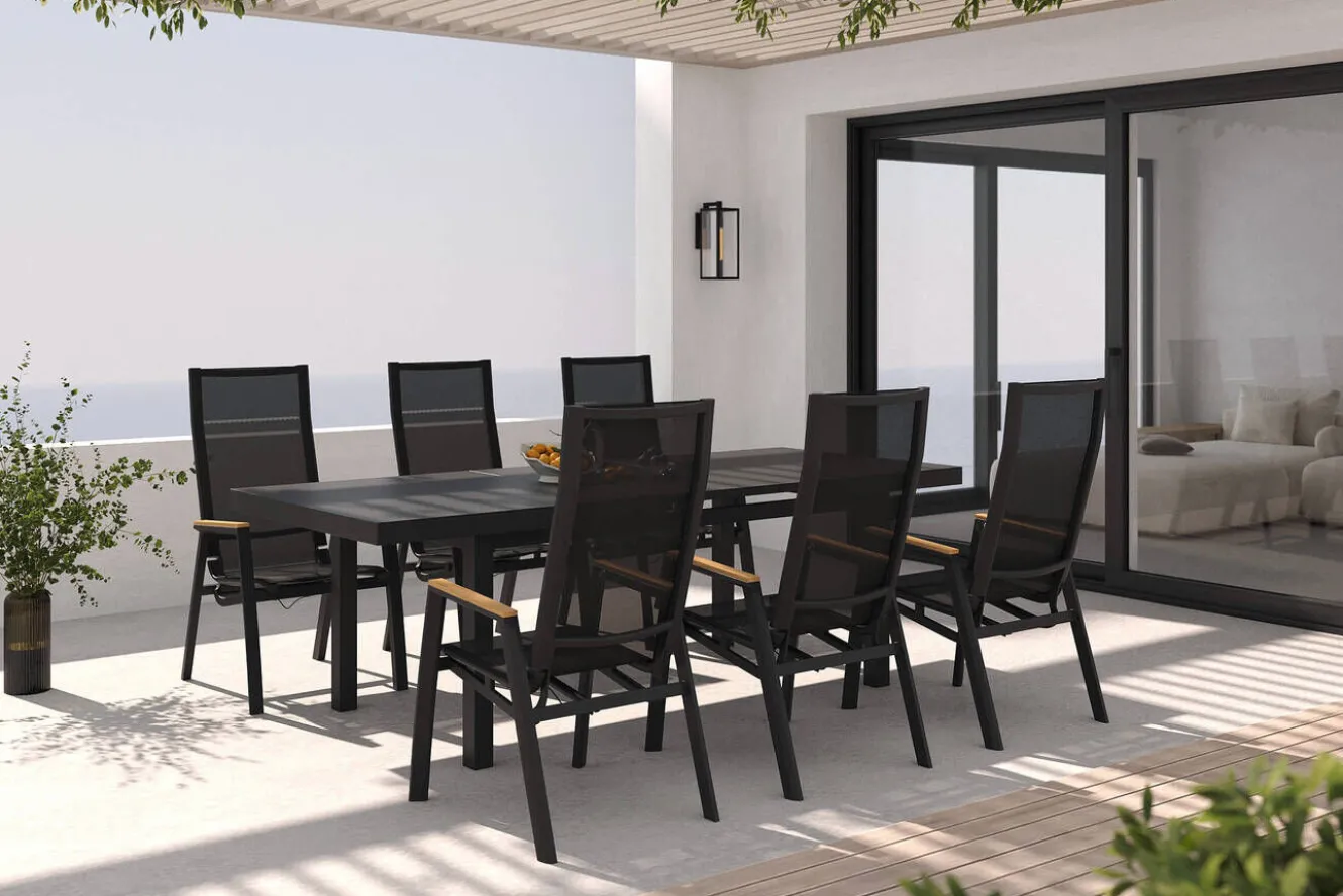 SIENA GARDEN Garten-Essgruppe, matt anthrazit/grau/Teak, Alu/Glas/Textil, 180/240 x 100 cm, ausziehbar