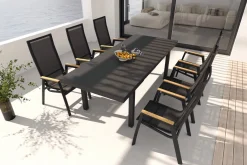 SIENA GARDEN Garten-Essgruppe, matt anthrazit/grau/Teak, Alu/Glas/Textil, 180/240 x 100 cm, ausziehbar