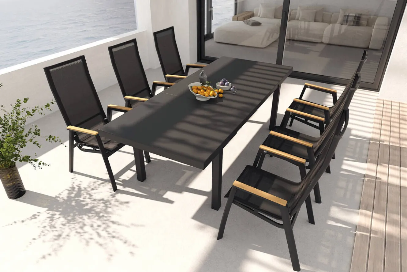 SIENA GARDEN Garten-Essgruppe, matt anthrazit/grau/Teak, Alu/Glas/Textil, 180/240 x 100 cm, ausziehbar