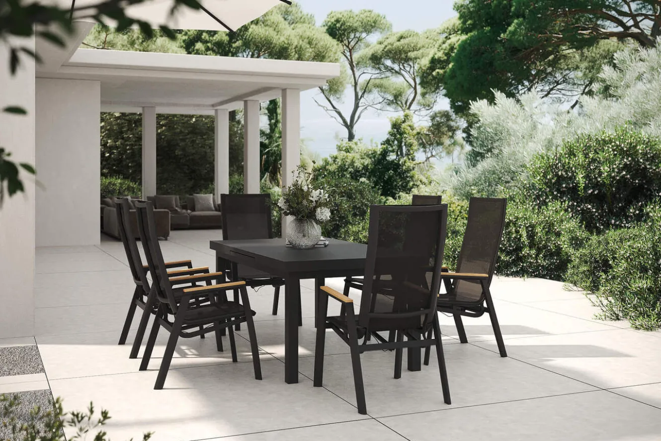 SIENA GARDEN Garten-Essgruppe, matt anthrazit/grau/Teak, Alu/Glas/Textil, 180/240 x 100 cm, ausziehbar
