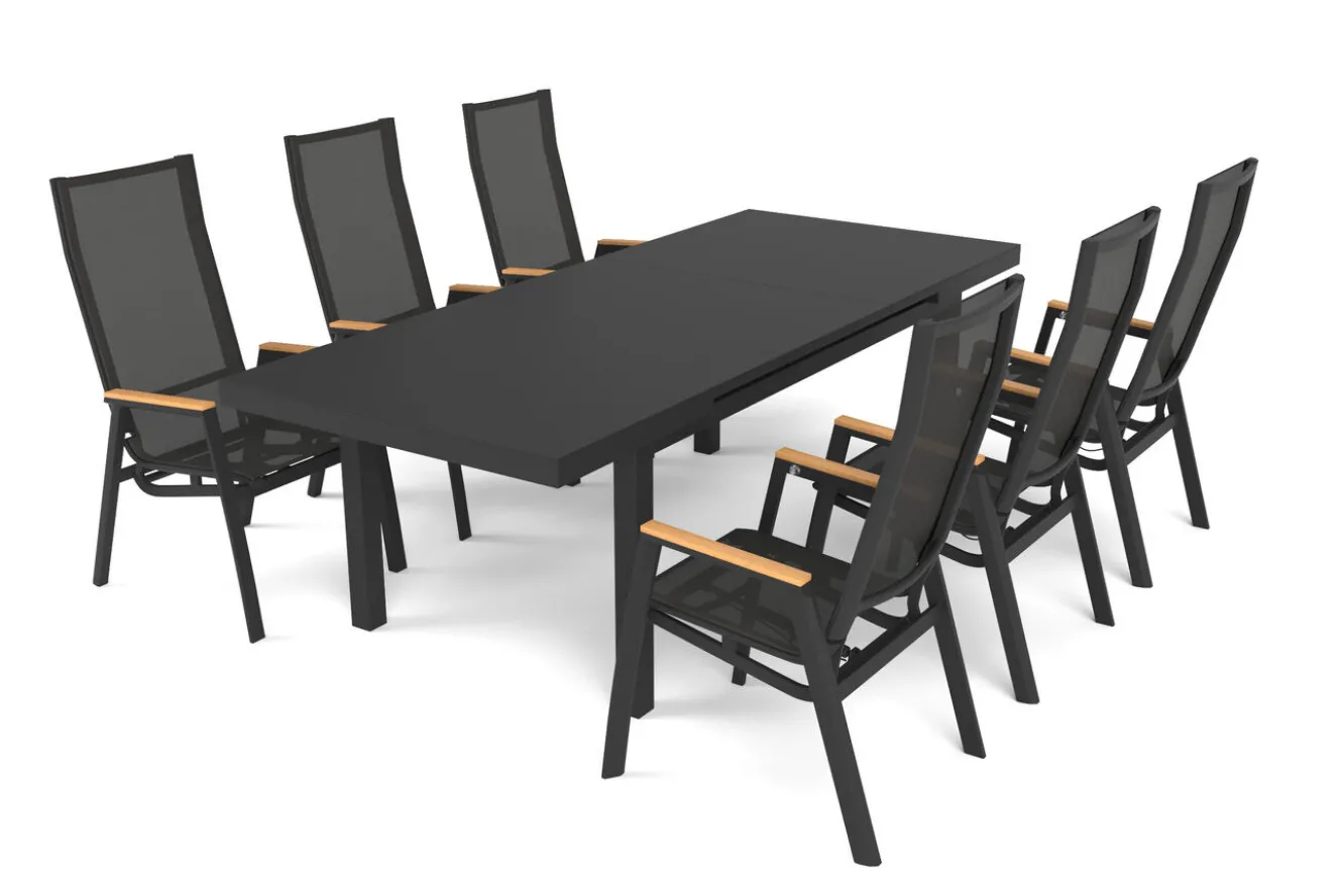 SIENA GARDEN Garten-Essgruppe, matt anthrazit/grau/Teak, Alu/Glas/Textil, 180/240 x 100 cm, ausziehbar