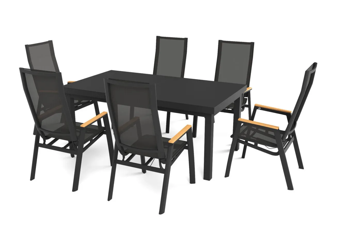 SIENA GARDEN Garten-Essgruppe, matt anthrazit/grau/Teak, Alu/Glas/Textil, 180/240 x 100 cm, ausziehbar