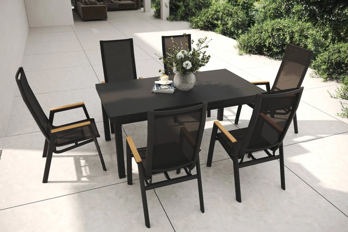 SIENA GARDEN Garten-Essgruppe, matt anthrazit/grau/Teak, Alu/Glas/Textil, 180/240 x 100 cm, ausziehbar