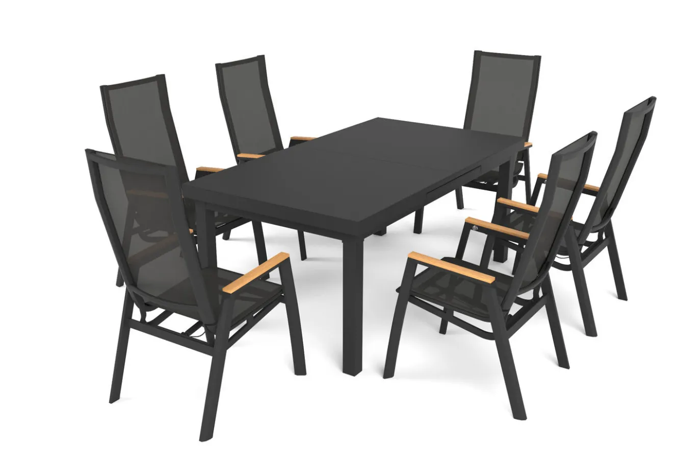 SIENA GARDEN Garten-Essgruppe, matt anthrazit/grau/Teak, Alu/Glas/Textil, 180/240 x 100 cm, ausziehbar