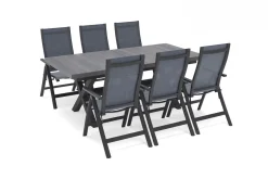 SIENA GARDEN Messina Garten-Essgruppe mit 6 Klappstühlen, anthrazit/grau, Alu/Textilene, Ausziehtisch mit Keramikplatte 200/260 x 100 cm