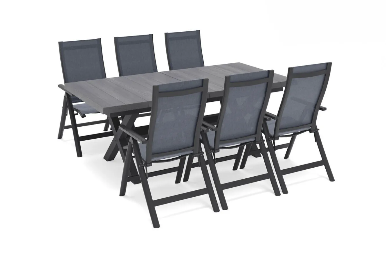 SIENA GARDEN Messina Garten-Essgruppe mit 6 Klappstühlen, anthrazit/grau, Alu/Textilene, Ausziehtisch mit Keramikplatte 200/260 x 100 cm