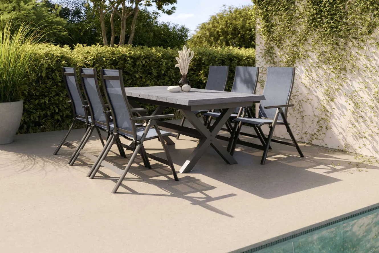 SIENA GARDEN Messina Garten-Essgruppe mit 6 Klappstühlen, anthrazit/grau, Alu/Textilene, Ausziehtisch mit Keramikplatte 200/260 x 100 cm
