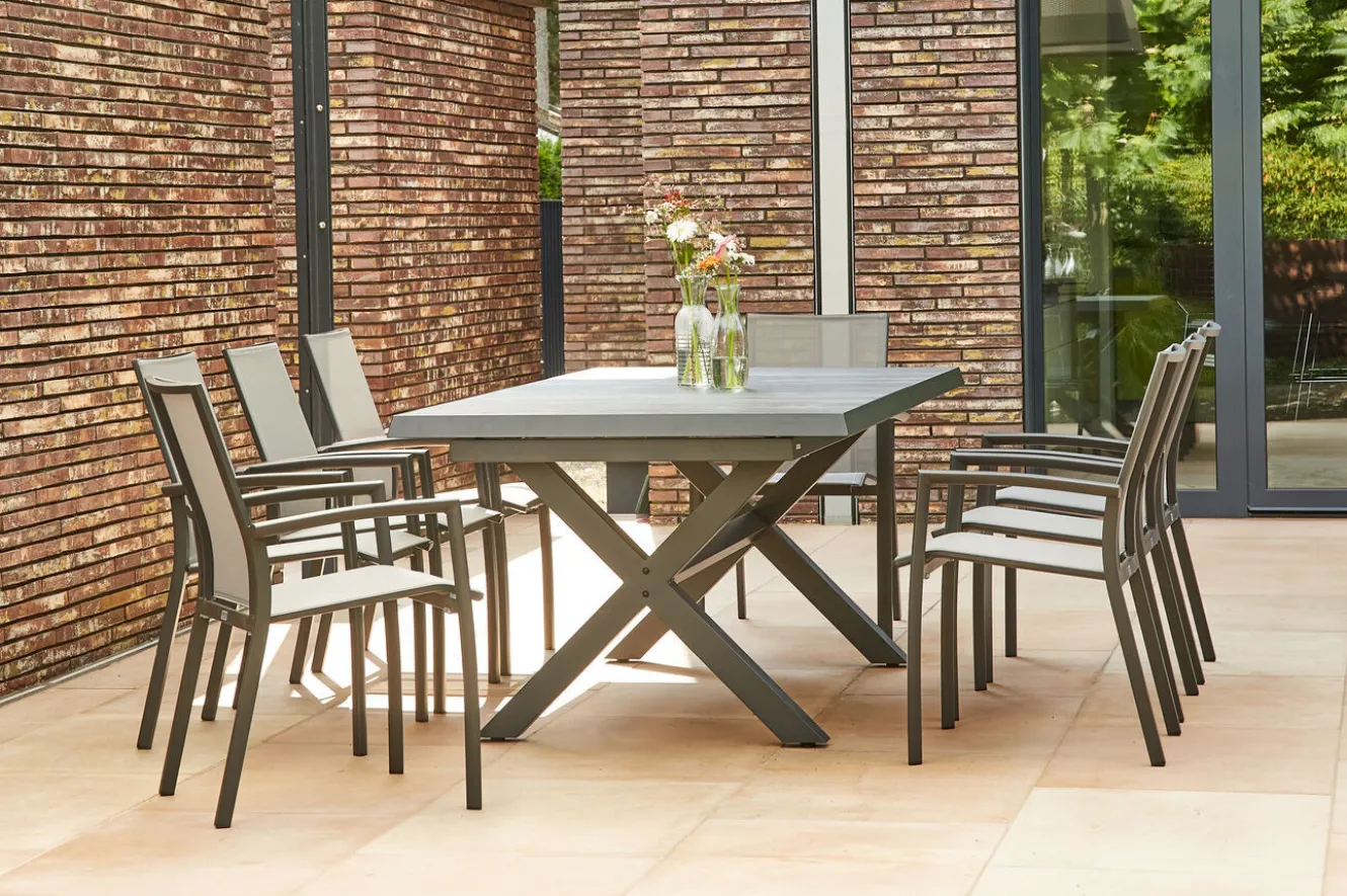 SIENA GARDEN Messina/Velia Garten-Essgruppe, anthrazit/grau, Alu/Ranotex®-Gewebe/Keramik, 260 x 100 cm, inkl. 8 Sessel