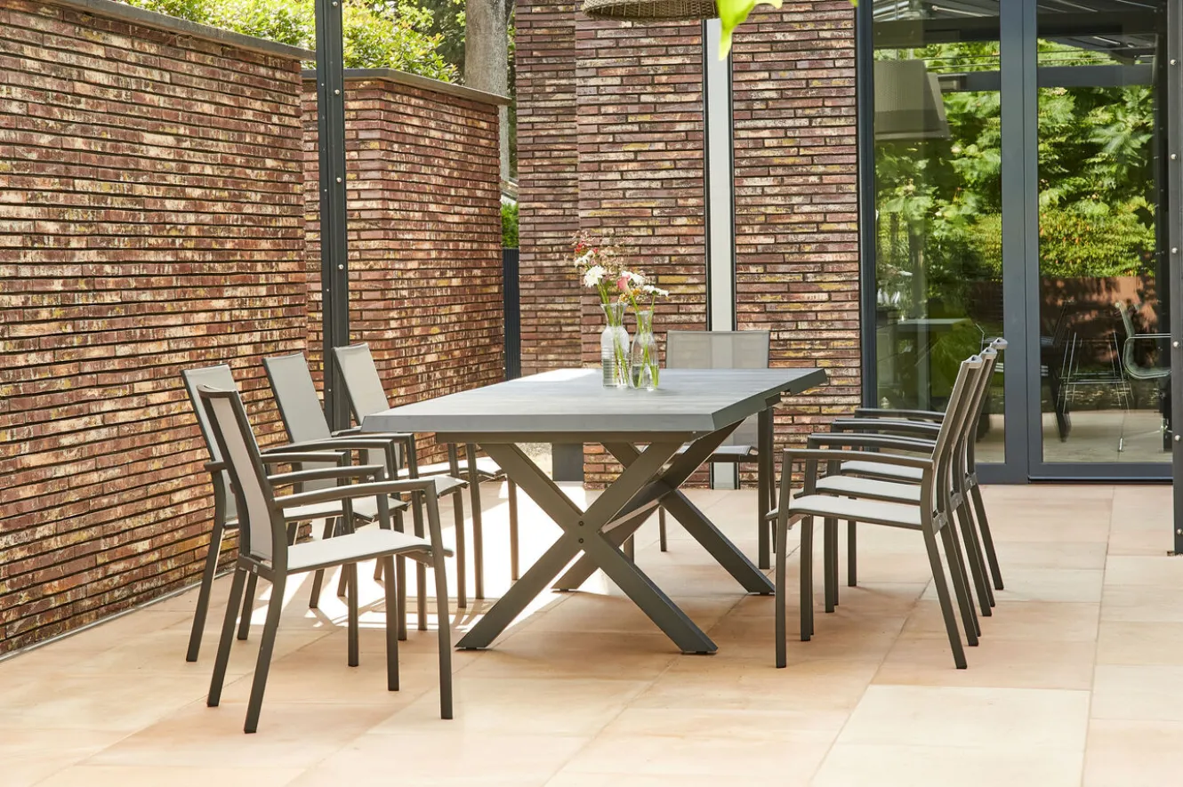 SIENA GARDEN Messina/Velia Garten-Essgruppe, anthrazit/grau, Alu/Ranotex®-Gewebe/Keramik, 260 x 100 cm, inkl. 8 Sessel