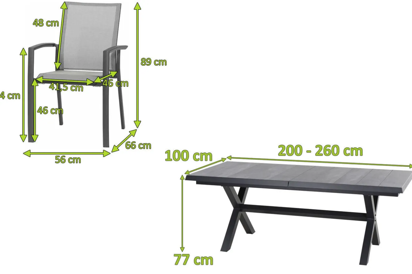 SIENA GARDEN Messina/Velia Garten-Essgruppe, anthrazit/grau, Alu/Ranotex®-Gewebe/Keramik, 260 x 100 cm, inkl. 8 Sessel