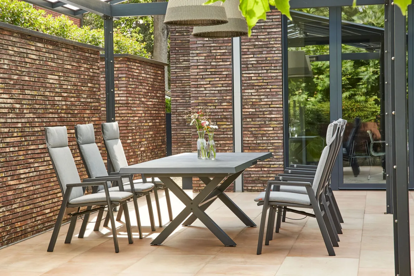 SIENA GARDEN Messina/Velia Garten-Essgruppe, anthrazit/grau, Alu/Textilgewebe/Keramik, 200-260x100 cm, inkl. 6 Diningsessel, stufenlos verstellbar