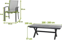 SIENA GARDEN Messina/Velia Garten-Essgruppe, anthrazit/grau, Alu/Ranotex®-Gewebe/Keramik, 200-260 x 100 cm, inkl. 6 Diningsessel