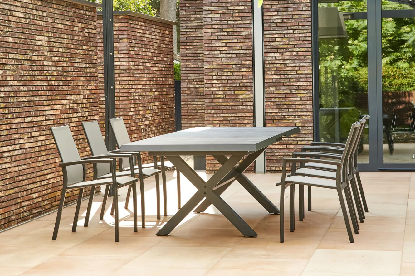 SIENA GARDEN Messina/Velia Garten-Essgruppe, anthrazit/grau, Alu/Ranotex®-Gewebe/Keramik, 200-260 x 100 cm, inkl. 6 Diningsessel