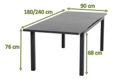 SIENA GARDEN Miros Ausziehtisch, anthrazit matt/dark concrete, Alu/Glas, 180/240 x 90 cm, Tischplatte mit Keramikpulver