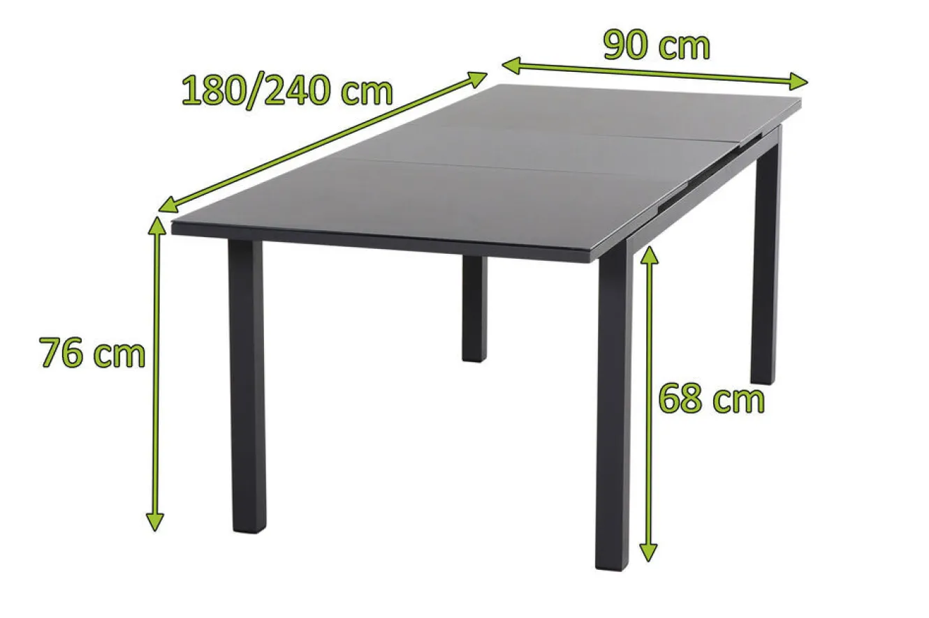 SIENA GARDEN Miros Ausziehtisch, anthrazit matt/dark concrete, Alu/Glas, 180/240 x 90 cm, Tischplatte mit Keramikpulver