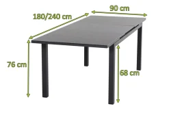 SIENA GARDEN Miros Ausziehtisch, anthrazit matt/dark concrete, Alu/Glas, 180/240 x 90 cm, Tischplatte mit Keramikpulver