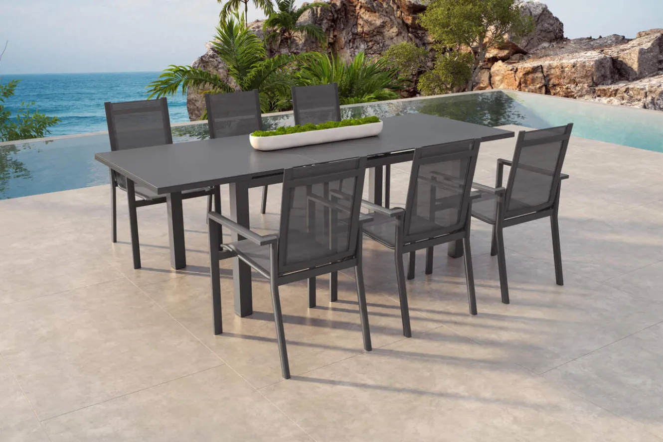 SIENA GARDEN Miros Garten-Essgruppe, anthrazit/dark concrete, Alu/Glas, Ausziehtisch 180/240cm, 6x Stapelsessel, Witterungsbeständig