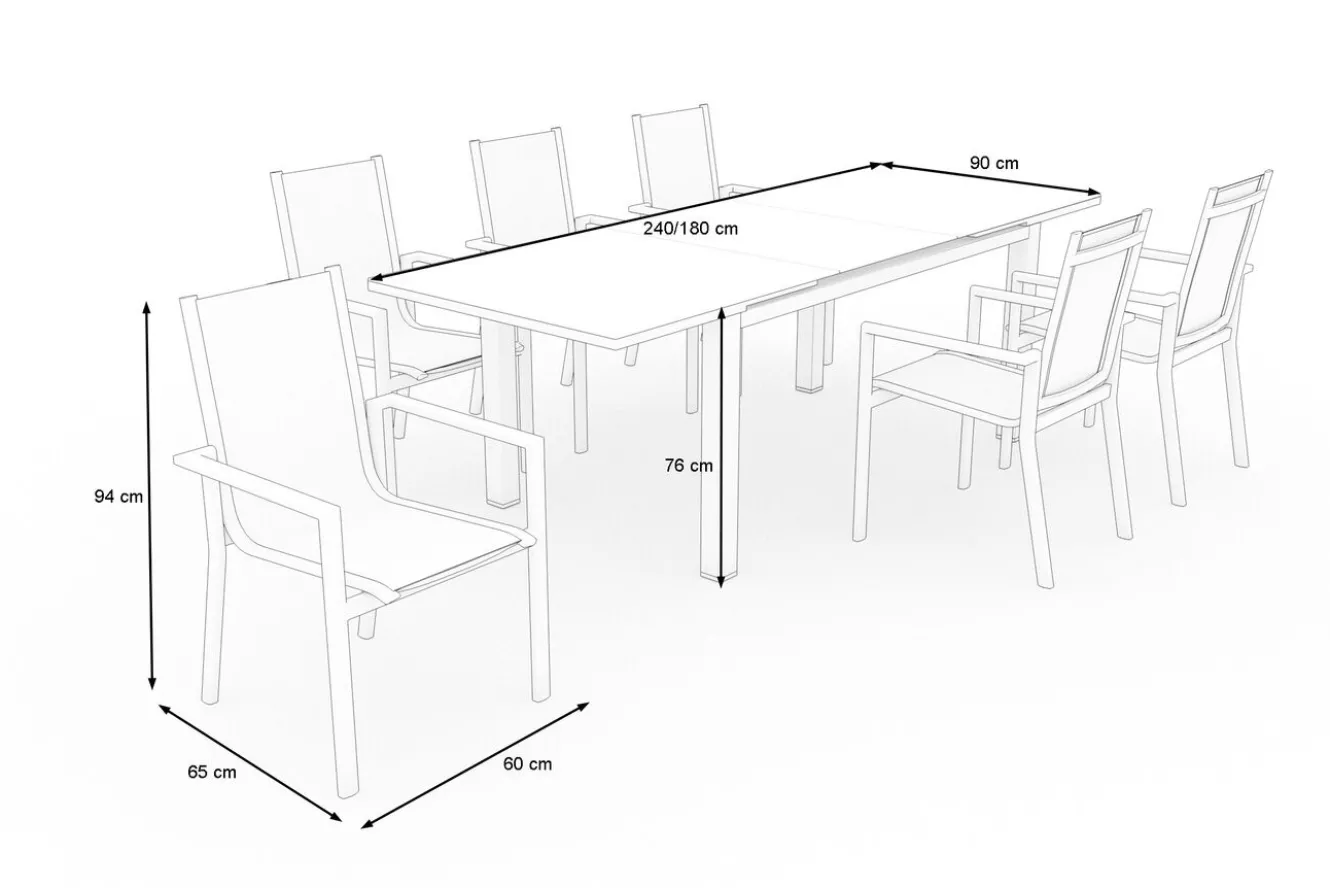SIENA GARDEN Miros Garten-Essgruppe, anthrazit/dark concrete, Alu/Glas, Ausziehtisch 180/240cm, 6x Stapelsessel, Witterungsbeständig