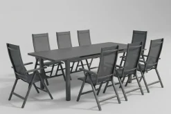 SIENA GARDEN Miros Garten-Essgruppe, anthrazit/dark concrete, Aluminium/Glas, Tisch 180/240x90 cm, 8x Klappstühle, Ausziehbar