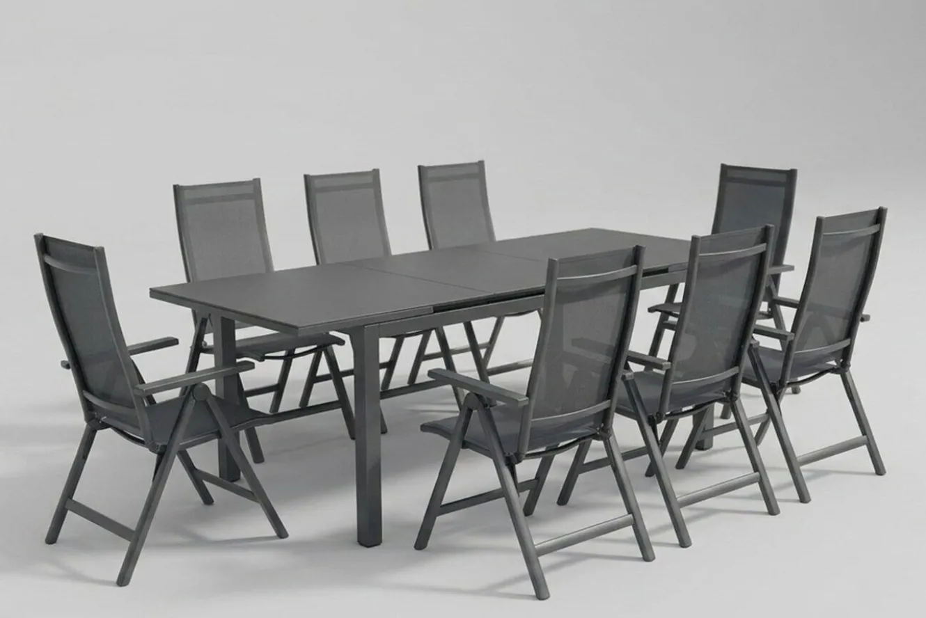 SIENA GARDEN Miros Garten-Essgruppe, anthrazit/dark concrete, Aluminium/Glas, Tisch 180/240x90 cm, 8x Klappstühle, Ausziehbar