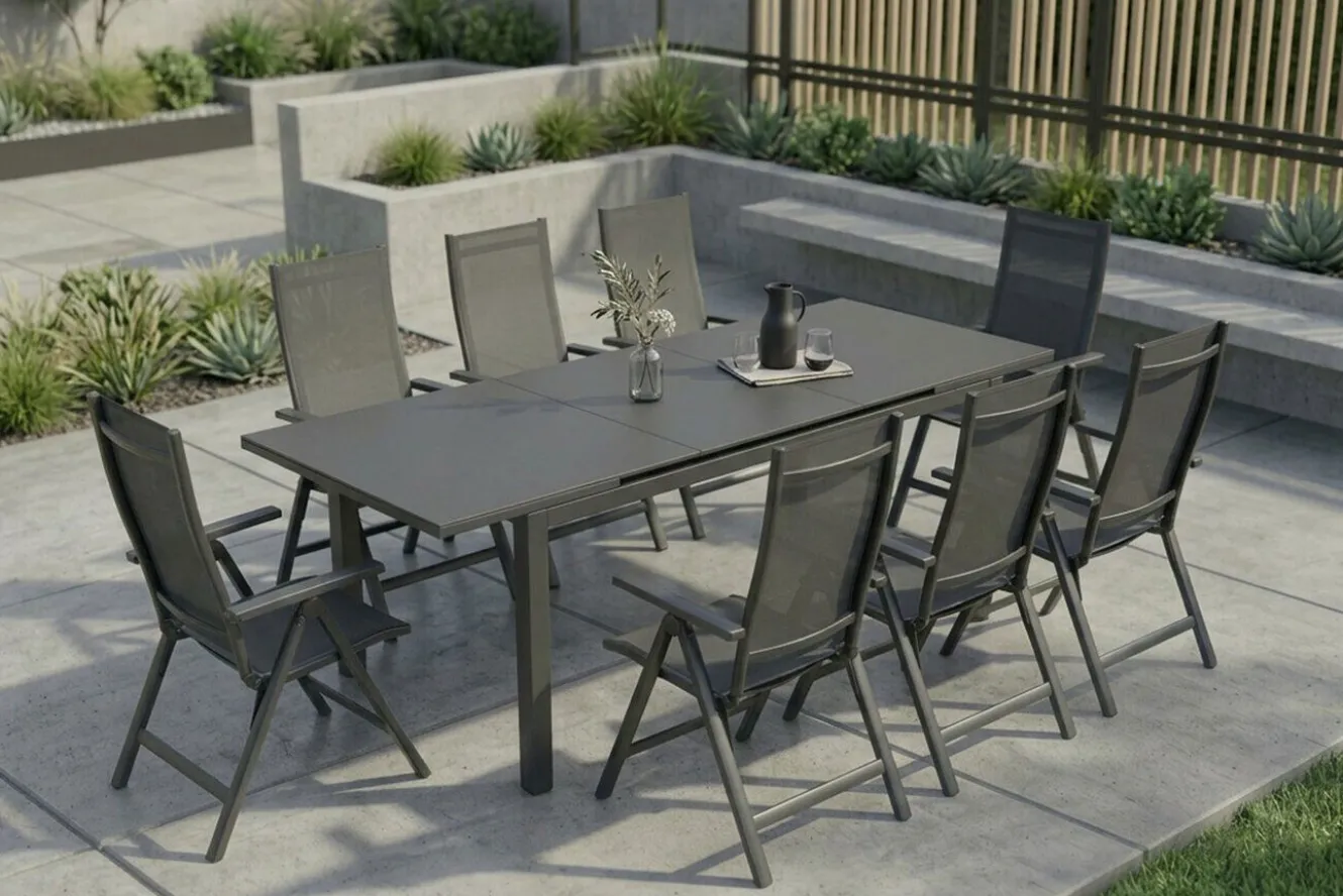 SIENA GARDEN Miros Garten-Essgruppe, anthrazit/dark concrete, Aluminium/Glas, Tisch 180/240x90 cm, 8x Klappstühle, Ausziehbar