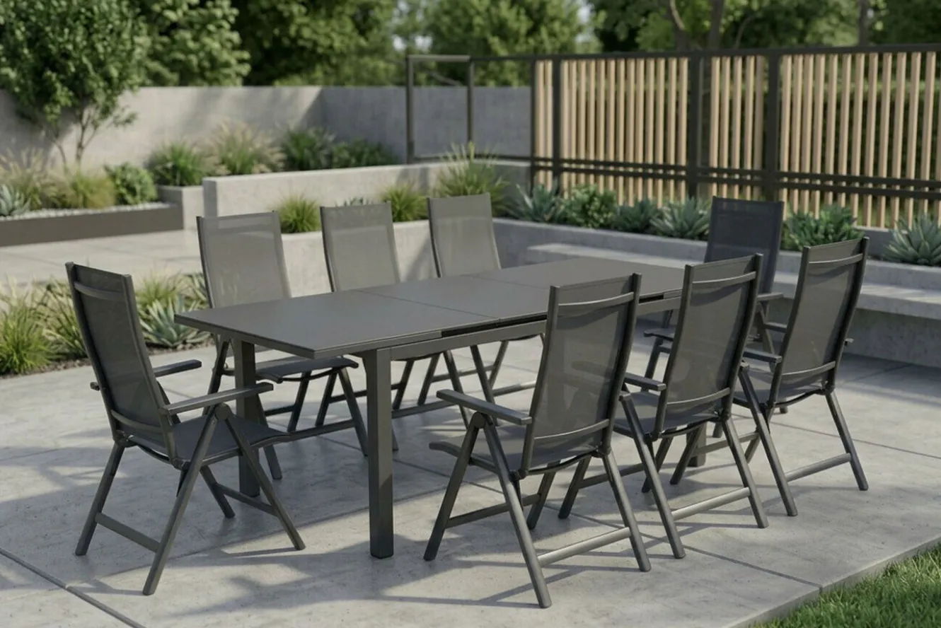 SIENA GARDEN Miros Garten-Essgruppe, anthrazit/dark concrete, Aluminium/Glas, Tisch 180/240x90 cm, 8x Klappstühle, Ausziehbar