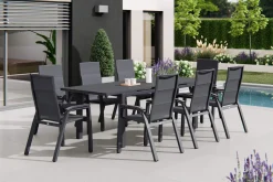 SIENA GARDEN Miros/Milano Garten-Essgruppe, Anthrazit, Alu/Ranotex-Gewebe, Ausziehtisch 180/240 x 90 cm, 8 Stapelsessel