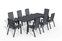 SIENA GARDEN Miros/Milano Garten-Essgruppe, Anthrazit, Alu/Ranotex-Gewebe, Ausziehtisch 180/240 x 90 cm, 8 Stapelsessel
