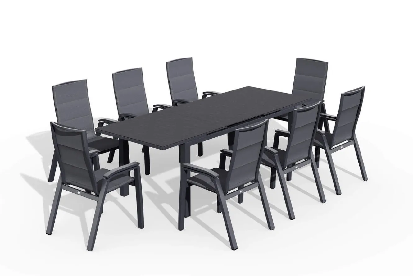 SIENA GARDEN Miros/Milano Garten-Essgruppe, Anthrazit, Alu/Ranotex-Gewebe, Ausziehtisch 180/240 x 90 cm, 8 Stapelsessel