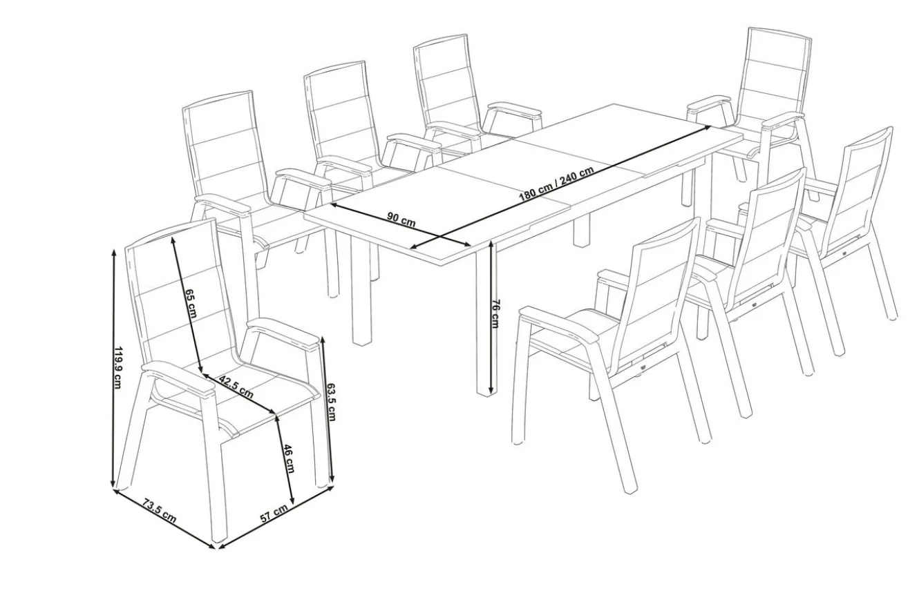 SIENA GARDEN Miros/Milano Garten-Essgruppe, Anthrazit, Alu/Ranotex-Gewebe, Ausziehtisch 180/240 x 90 cm, 8 Stapelsessel