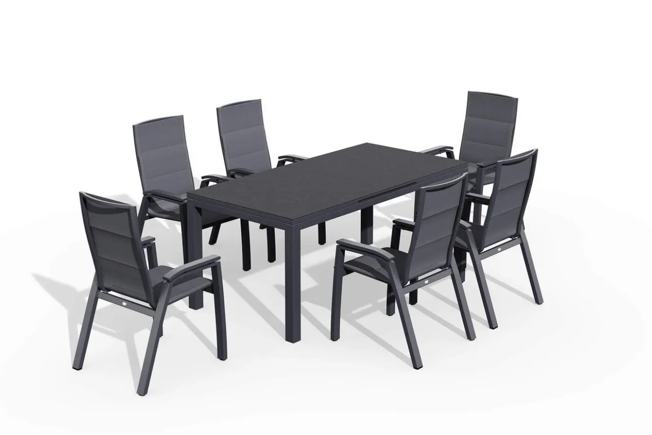 SIENA GARDEN Miros/Milano Garten-Essgruppe, anthrazit, Alu/Ranotex-Gewebe, Ausziehtisch 180/240 x 90 cm, 6 Sessel