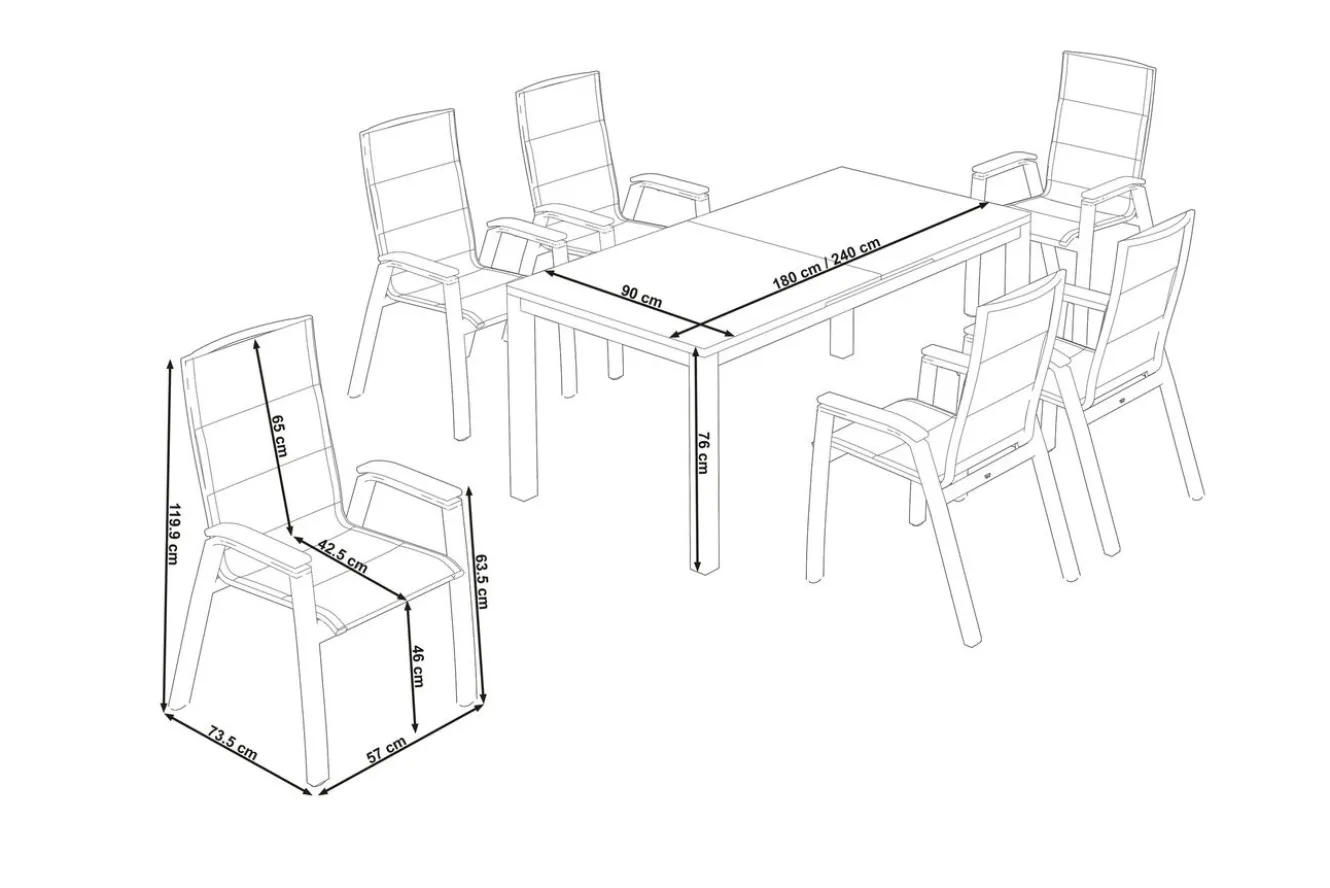 SIENA GARDEN Miros/Milano Garten-Essgruppe, anthrazit, Alu/Ranotex-Gewebe, Ausziehtisch 180/240 x 90 cm, 6 Sessel